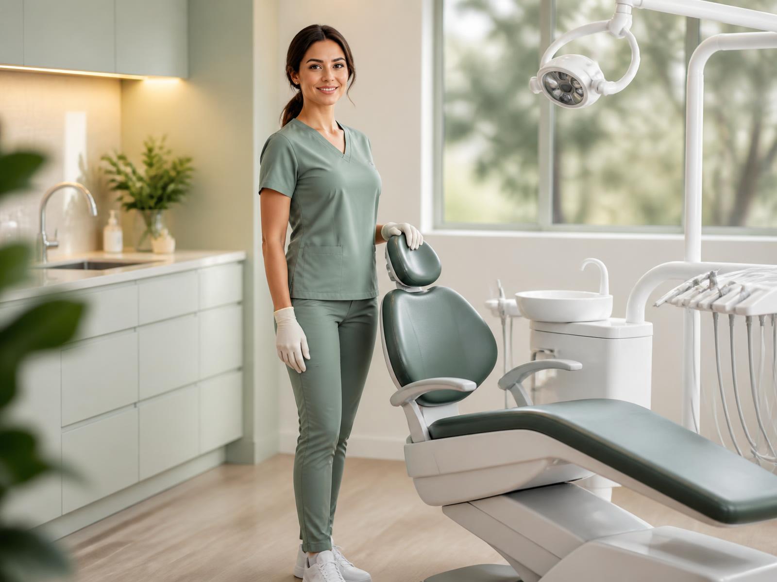 A dental hygienist standing with upright, neutral posture beside a dental chair in a bright clinic